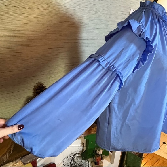MANGO Blue Solid Tie-Up Neck Ruffles Detail Satin Blouson Top Women’s Size 10 - Picture 6 of 11